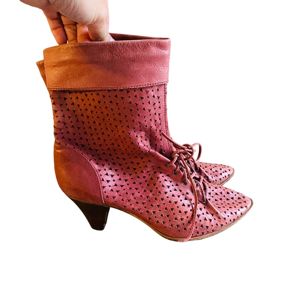 LATIGO Red Perforated Leather Lace Up Granny Boots